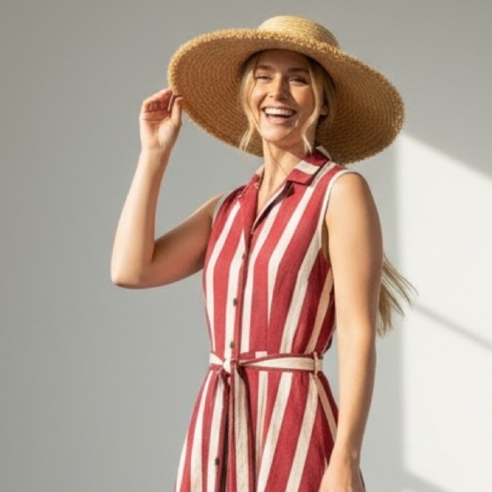 April Cornel Striped Cotton Weave Sleeveless Button Front Midi Twirl Dress - Picture 4 of 15